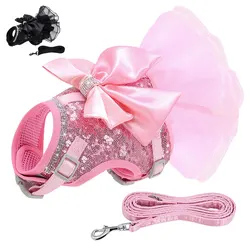 Set di guinzagli per cani Bowknot Cat Set di guinzagli per cuccioli in cristallo di pizzo 150cm abito da imbracatura per gattino traspirante in Nylon piombo per gatti cani di piccola taglia