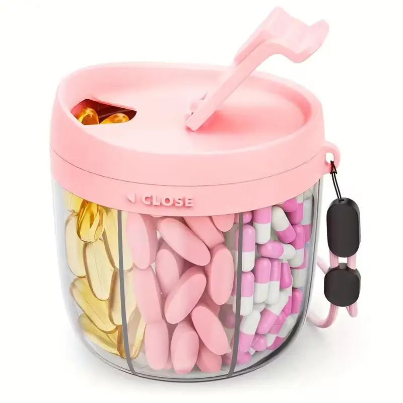 Cute Pill Dispenser with 7 Large Compartments, Portable Pill Bottle Organizer with Wide Opening for Easy Use, Anti-Mix Pill Organizer for Travel, BPA-Free Pill Container, Pink Healthcare