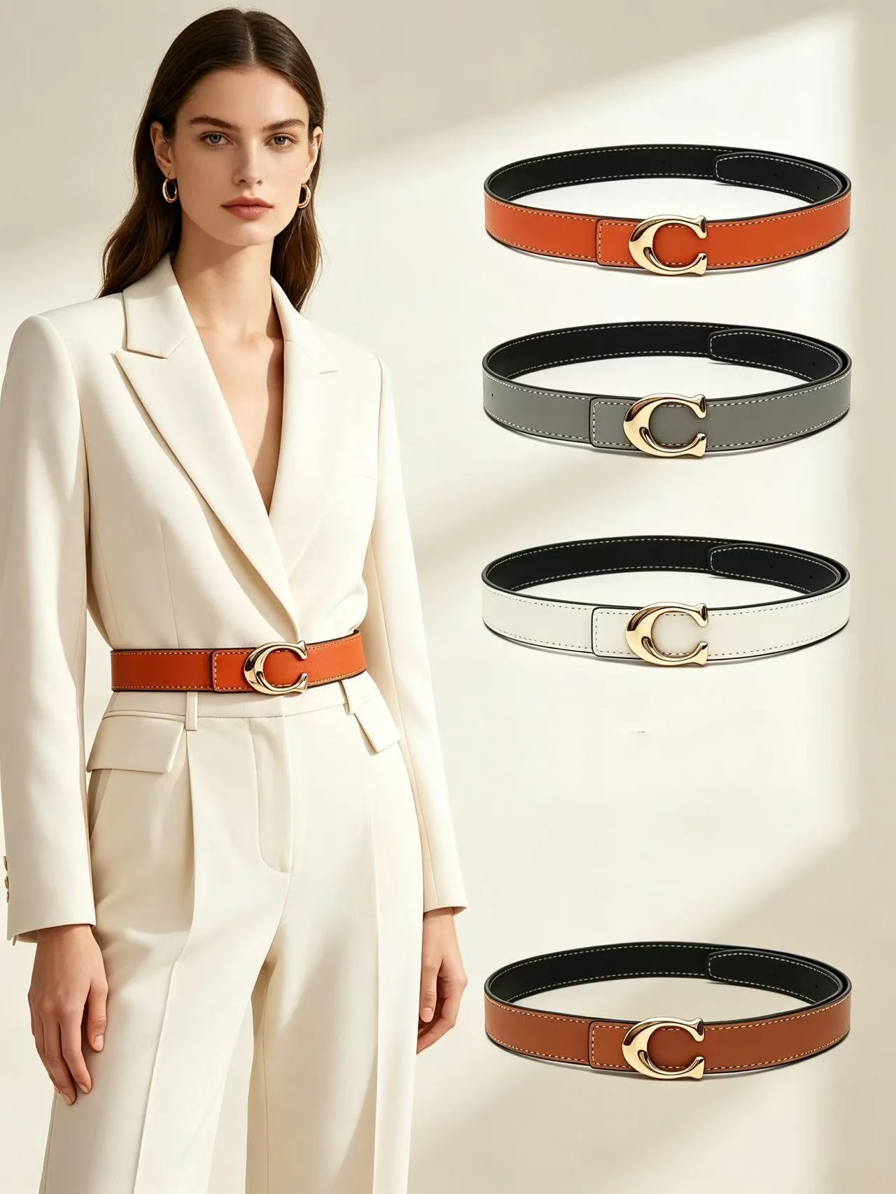 Women Reversible Leather Belt Gold Alloy Buckle Double Sided for Daily Pants Skirts Outfit