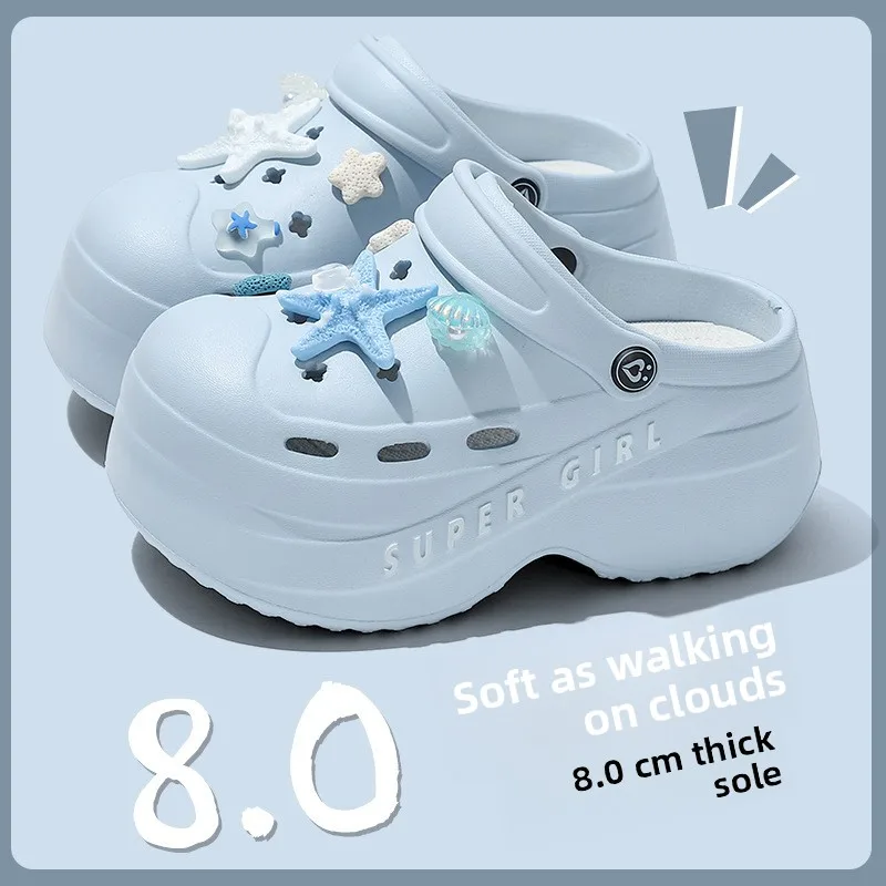 Chanclas de EVA con parte inferior gruesa de dibujos animados para mujer, ropa de verano para exteriores, zapatillas de playa con tacón, cómodas, antideslizantes, sin cordones...