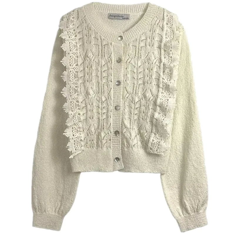 

Повседневный женский вязаный кардиган, кружевной вязаный крючком свитер с круглым вырезом, новые осенние европейские универсальные облегающие топы