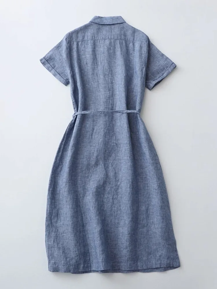 Sommer Mode Baumwolle Leinen Kleid Frauen Japan Stil Einfarbig Spitze Up Taille Einfache Grundlegende Elegante Kleid Weibliche Slim Fit Kleid