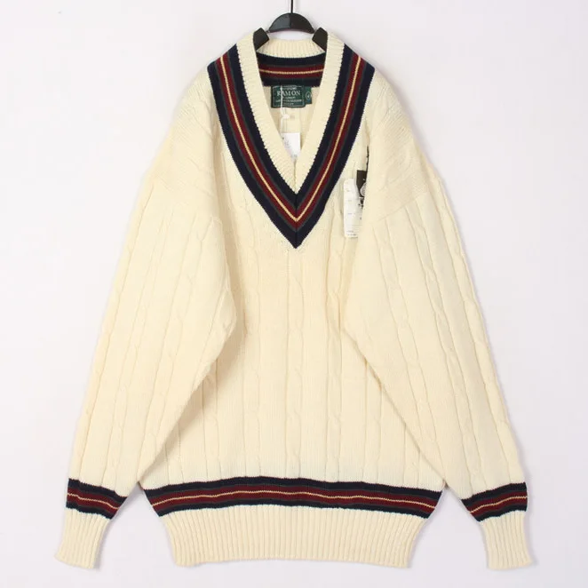 

Vintage Autumn Winter White 3D Knitwear Woolen Sweater Cardigan Overhead Cowl Neck Long Sleeve V-Neck Striped Bean Pattern