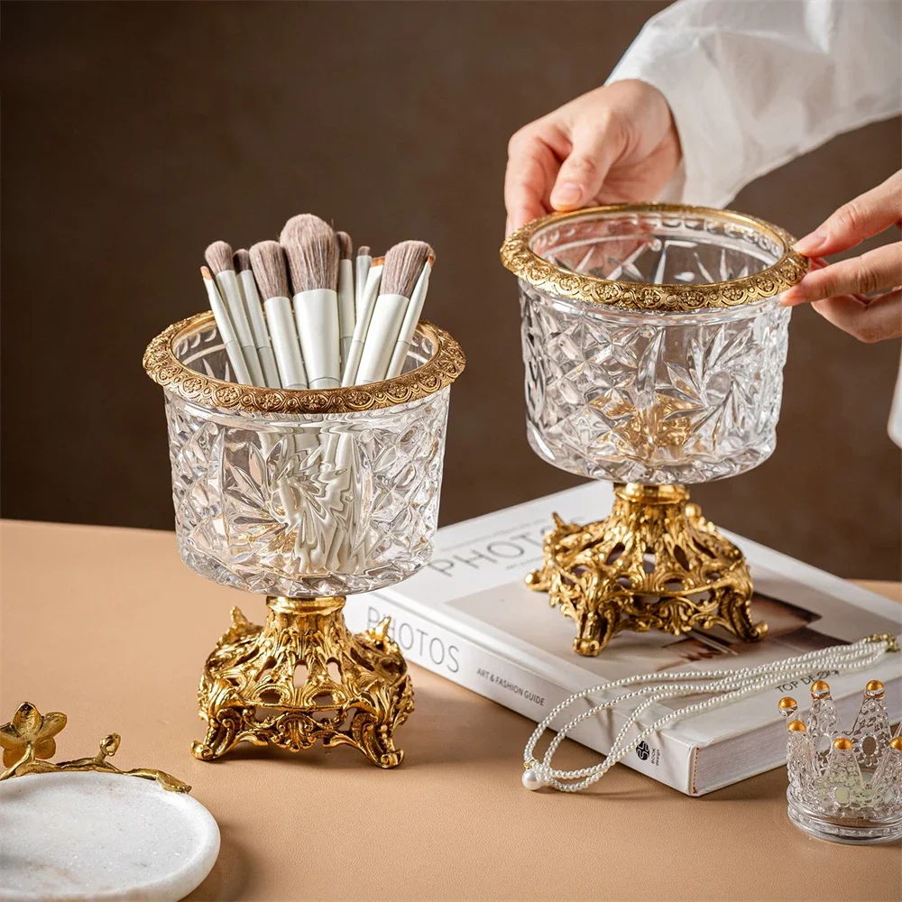 French Entry Luxury Crystal Glass Brass Storage Tube For Living Room High-Foot Small Flower Ornaments Vase Candlestick Storage