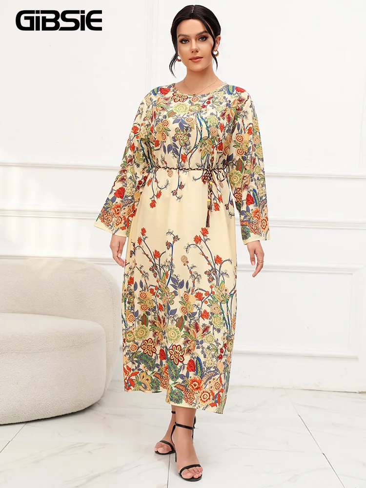 GIBSIE Plus Size Floral Print Belted Maxi Dress Women 2023 Autumn New Vintage Long Sleeve O-Neck Casual Loose Boho Dresses