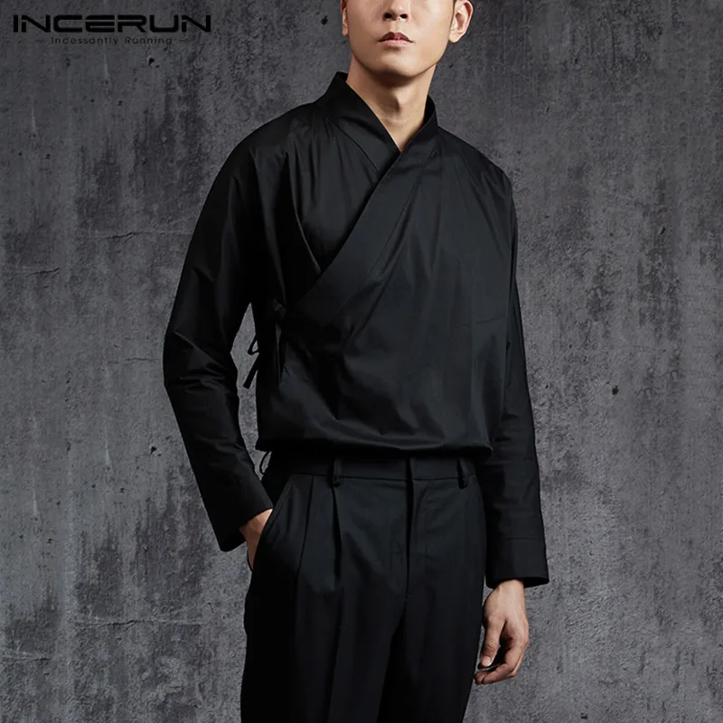 Incerun Vintage Mannen Shirt Effen Kleur Hanfu Lange Mouw Vetersluiting Elegante Opstaande Kraag Chinese Stijl Retro Mannelijke Shirts S-5XL 2024