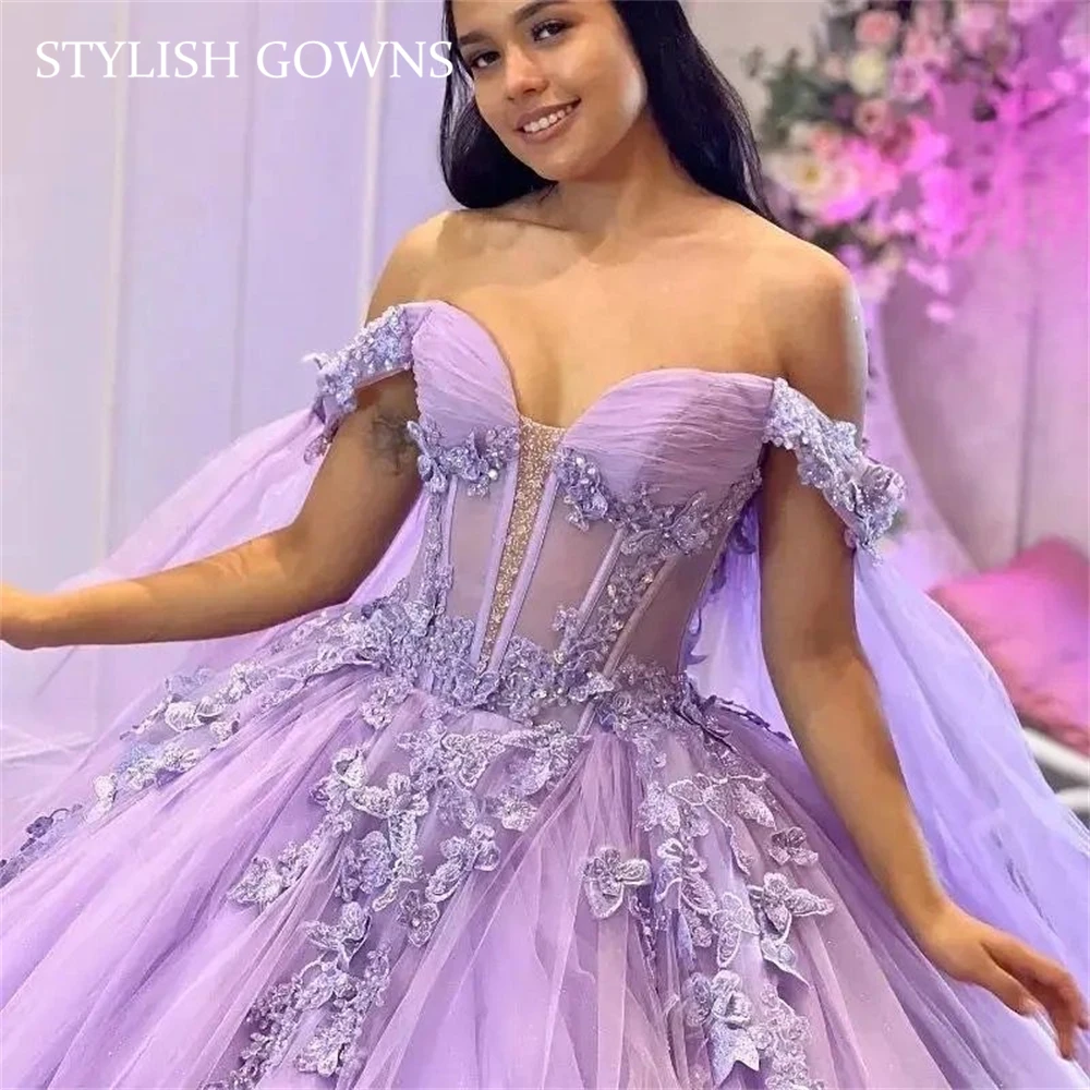 Vestido morado con hombros descubiertos para quinceañeras, vestido de baile con cuentas y flores en 3D, vestido de lujo para cumpleaños, apliques, vestido de princesa, capa personalizada, 2024