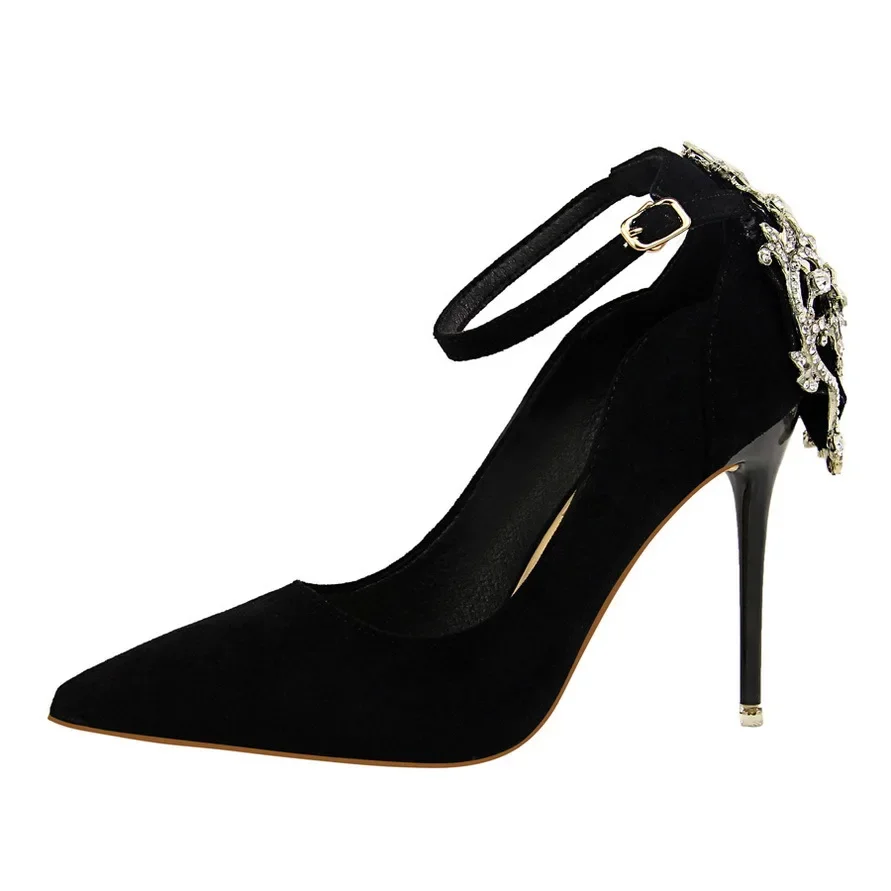 Spring Autumn Women Shoes Pointed Pumps 10.5CM Thin Heels Wedding Dress Flock Sexy Rhinestone Word Band High Heels Boat Shoes