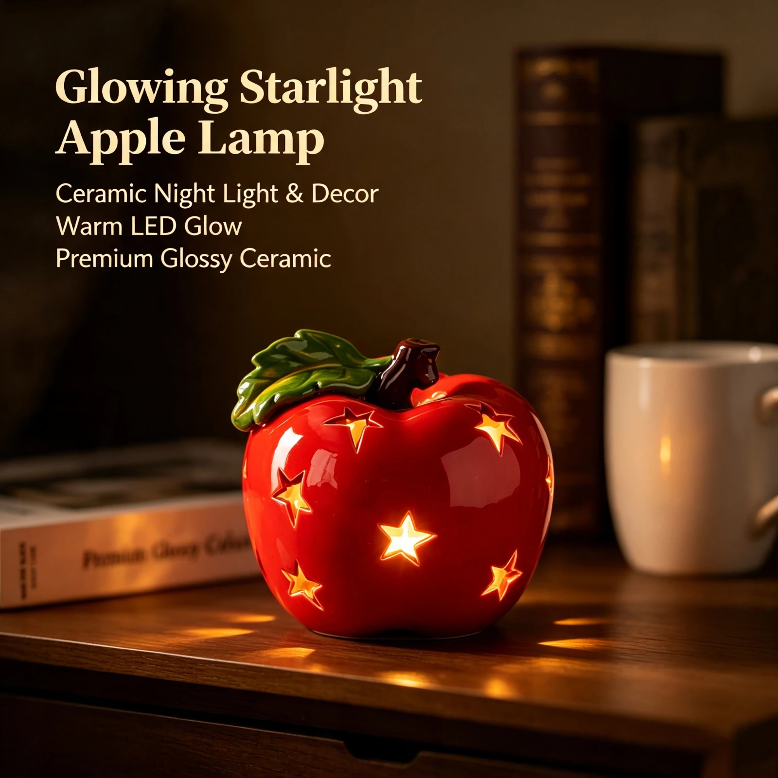 Red Ceramic Apple Ornament LED Illuminated Star Hollow Table, Lamps Ornament Home Room Bedroom, Desktop Decoration Gift Decor