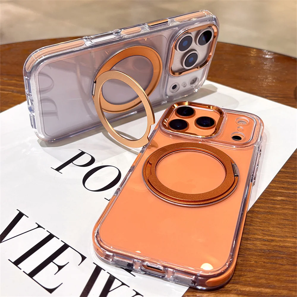Przezroczyste etui na telefon z magnetycznym uchwytem, wykonane z akrylu i stopu aluminium, do iPhone 15, 16, 17, 18 Pro Max, z obrotowym, składanym uchwytem. — zdjęcie produktu 4