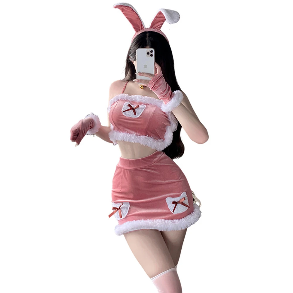 Ensemble de Lingerie Sexy de Noël pour Fille, Costume de Lapin, Robe Cosplay, Uniforme de Demoiselle d'Honneur, Vêtements de Nuit, Haut et Jupe Imbibés de Père Noël