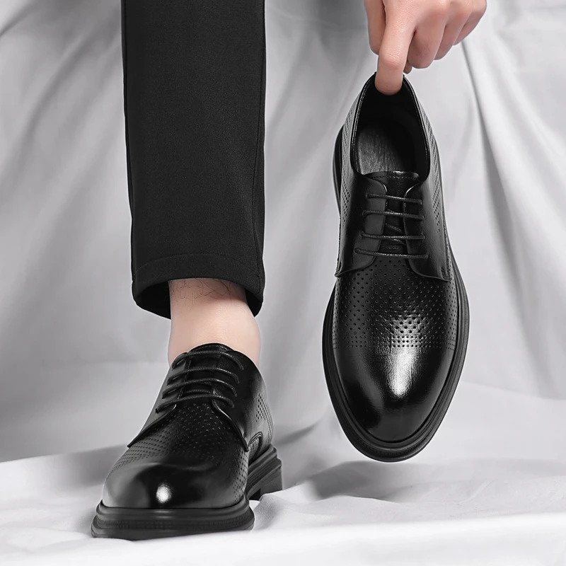 Mens Black Perforated Leather Lace Up Derby Dress Shoes Breathable Thick Sole Formal Business Office Work Summer Daily Wear