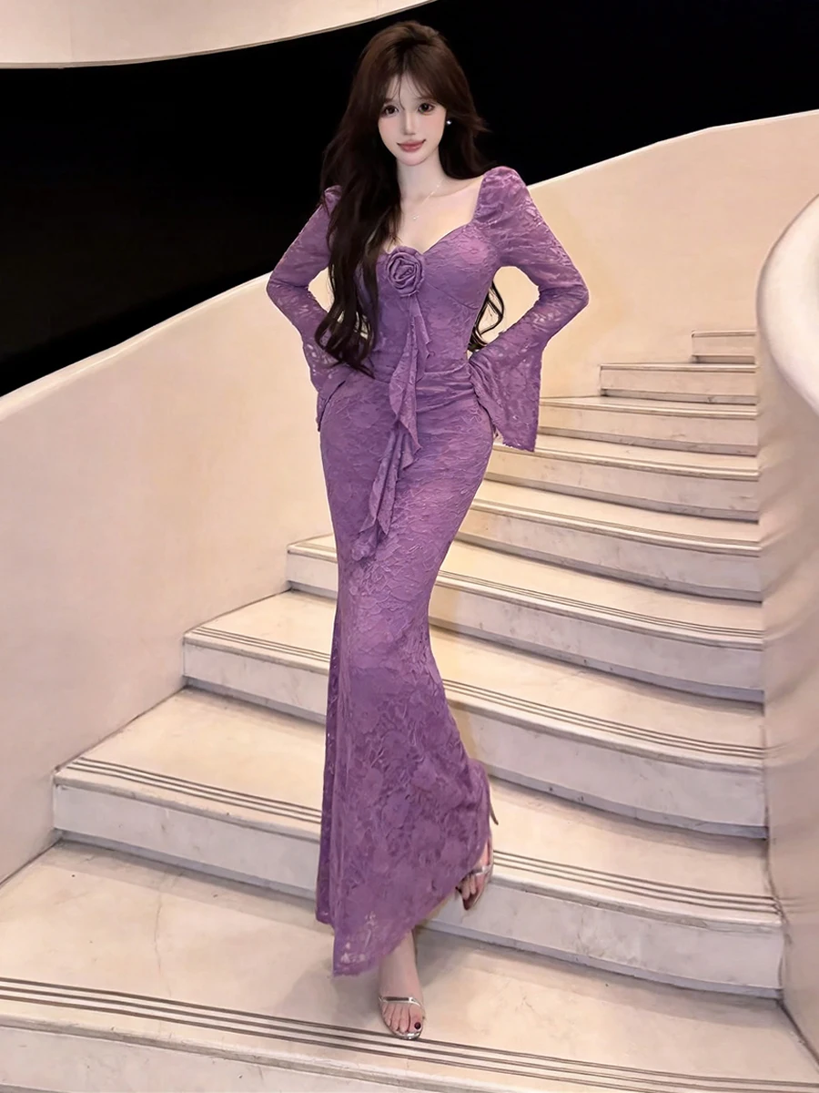 Sexy Lace Hook Flower Dress Square Collar Two-Way Wear Slim Fit Waist Cinch Fish Tail Long Dress French Style Pure Color Spri...