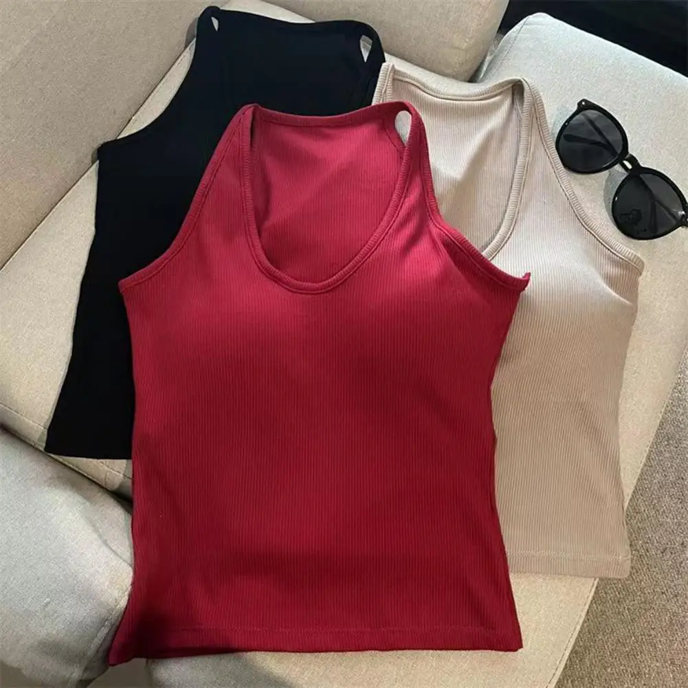 

Athletic Undershirt Women’s V Neck Halter Tank Top with Built-in Bra Ribbed Summer Shirt Double Lined Sexy Going Out Blouse