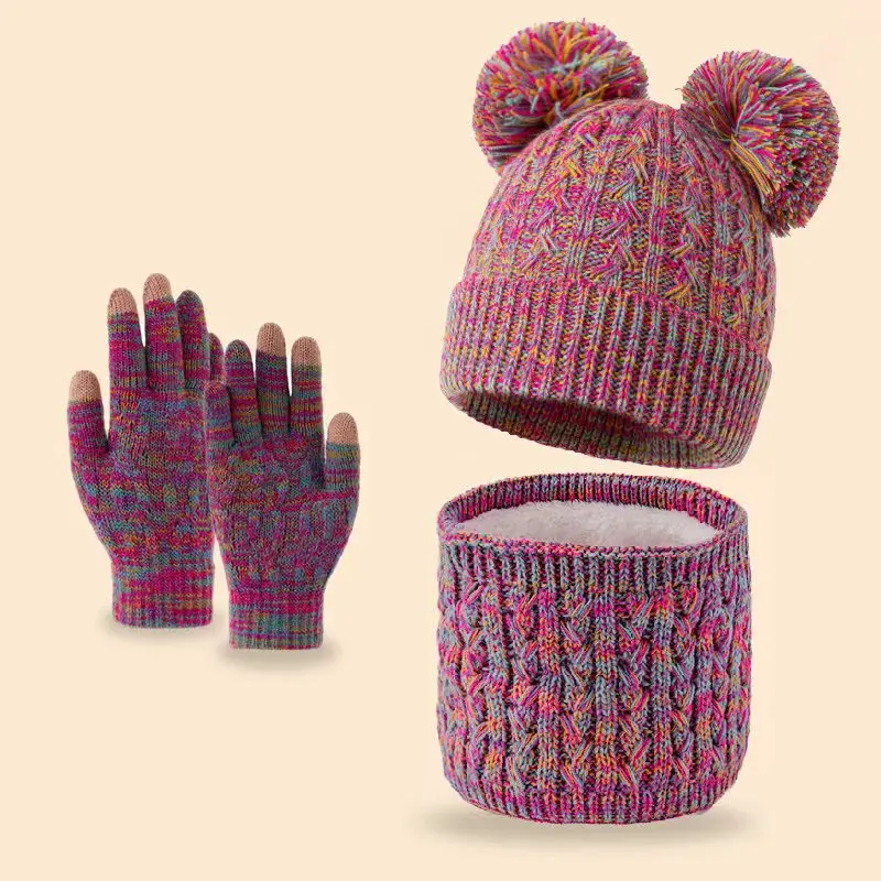 مجموعة من قبعة محبوكة سميكة من الصوف ذات خط مزدوج للأطفال بعمر 5-15 سنة ووشاح مهدب ومجموعة قفازات