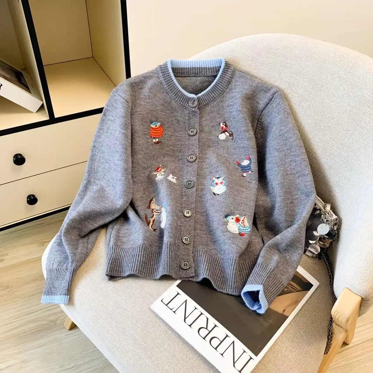 

Thiened Knitted Cardigan Women's Sle Cartoon Embroidery Outerwear Base Layer Sweater Coat Spring Autumn Winter Straight Tube