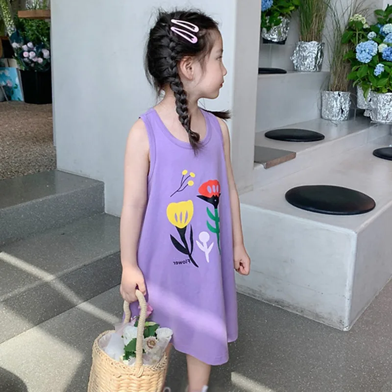 Summer Early Autumn Baby Girls Children Kids Korean Style Loose Posh Outdoor Casual Style Flower Print Sleeveless Shift Dress