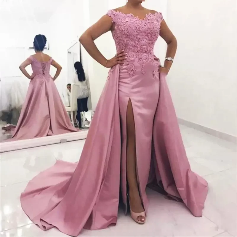 

Off Shoulder Corset Back Wedding Party Plus Size Formal Evening Gowns Mother of the Bride Dresses with Overskirt Appliques