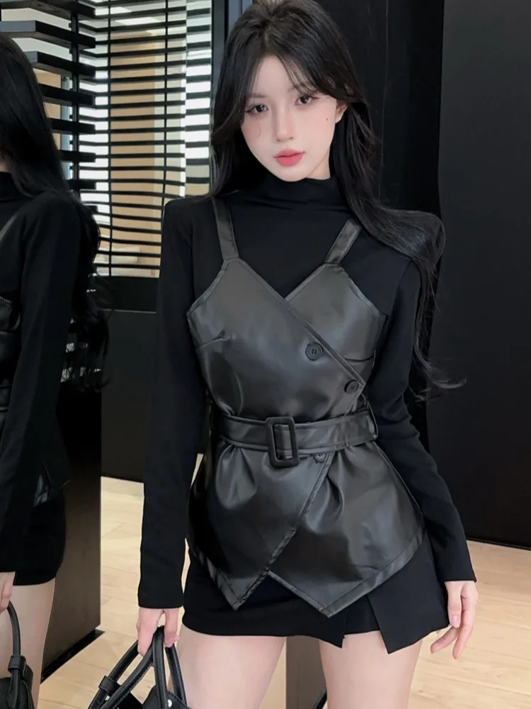 

High-End PU Leather Asymmetrical Vest Top Korean High Collar Base Layer Long Sleeve T-Shirt Set for Autumn Winter Commute