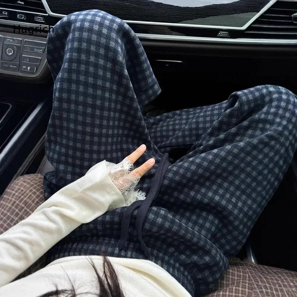 Ladies Loose Plaid Pattern Wide Leg Pants Elastic Drawstring Closure Check Print Side Pockets Daily Wear Casual Trousers