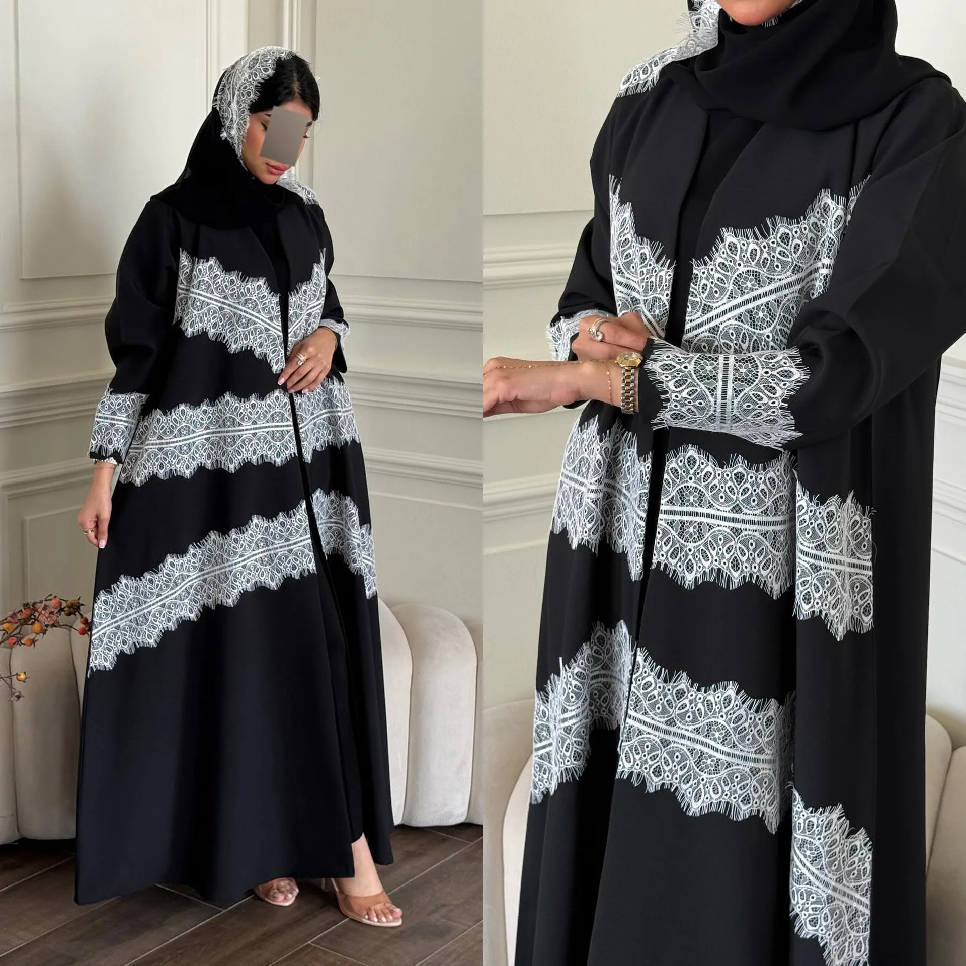 

Eid Abaya Lace Dress Women Muslim Party Cardigan Robe Dresses Hijab Ramadan Morocco Dubai Open Abayas Kaftan Vestidos Jalabiya