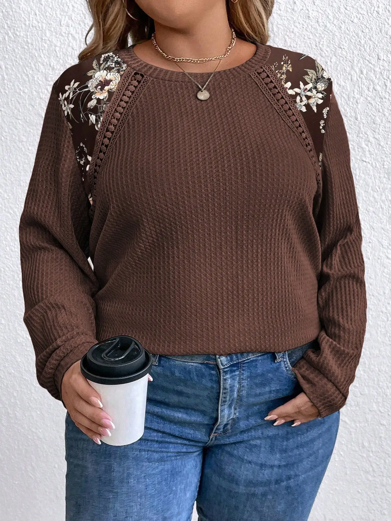 เสื้อสเวตเชิ้ตคอกลมแขนยาวลายดอกไม้สำหรับผู้หญิงไซส์ใหญ่ ผ้าวาฟเฟิลถักแบบลำลอง