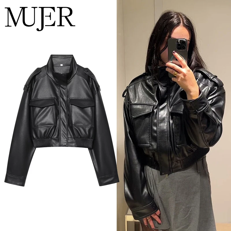 

MUJER Faux Leather Bomber Jackets for Women Black Zip Cropped Jacket Woman Short Winter Women's Coats Streetwear Jacket Women