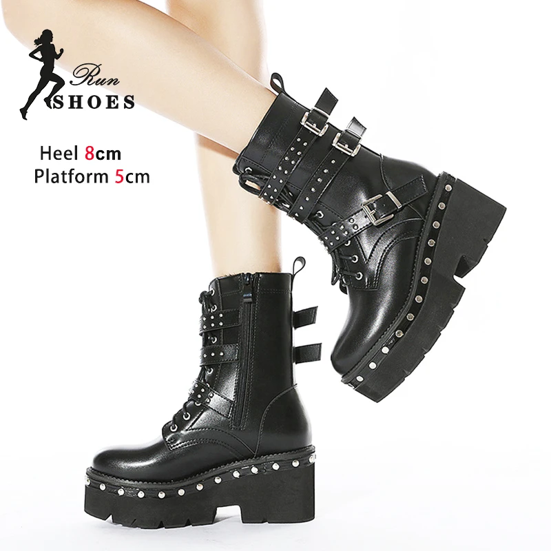 

2025 Новые короткие ботинки в стиле панк, черные женские туфли на толстой подошве, женская модная обувь на массивном высоком каблуке с заклепками, готическая весенне-осенняя обувь Botas Mujer