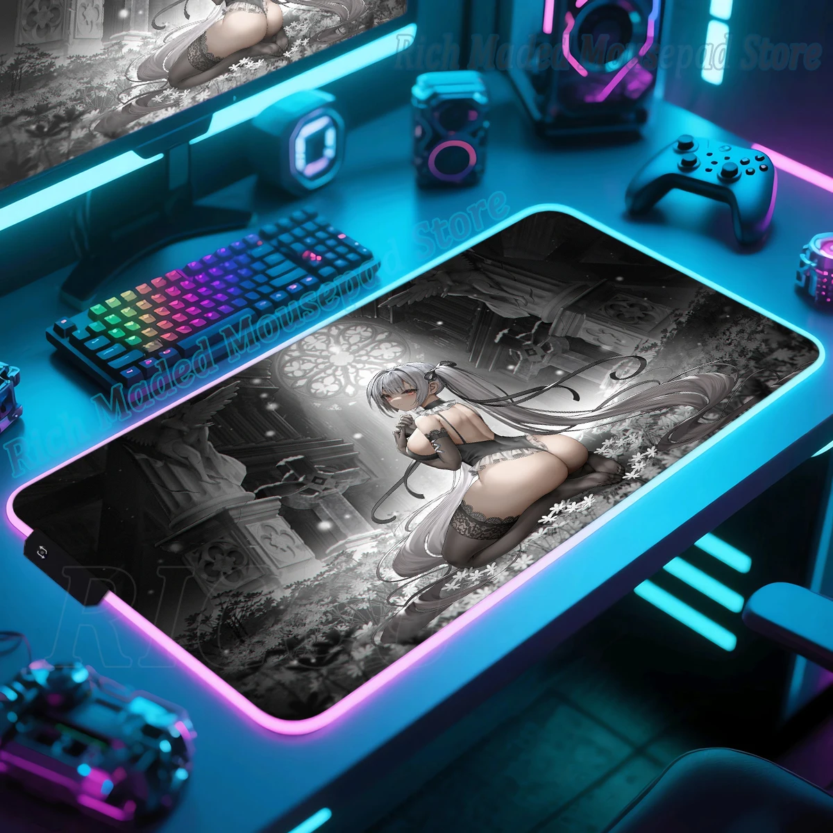 Anime Girl Hentai Mouse Pad RGB Gaming Desk Mat HD Gamer Large LED Light XXL MousePad PC Accessories XXL Gamerr Computer Carpet