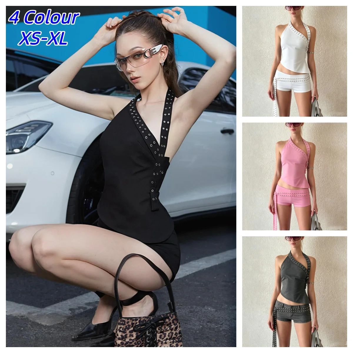 Y2K Sexy Hollow 3-Piece Set Women Hollow Biased Collar Backless Vests+Rivet Waistband+Simple Solid Shorts Slim Midnight Suits