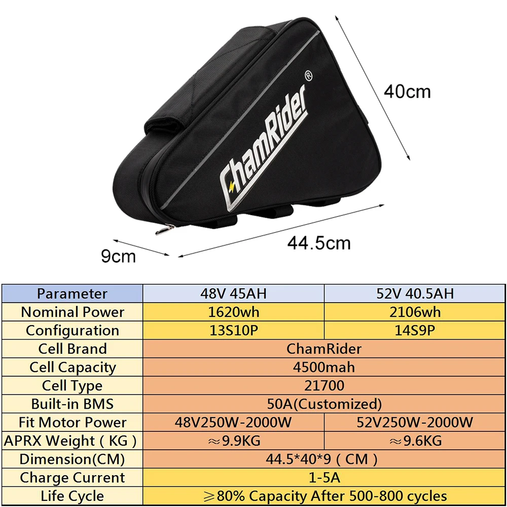 Rower elektryczny Trójkąt 48V 45AH Akumulator 52V 21700 Cell ChamRider 72V 60V 30AH 50A BMS Ogromna pojemność 1000W Super mocny 18650