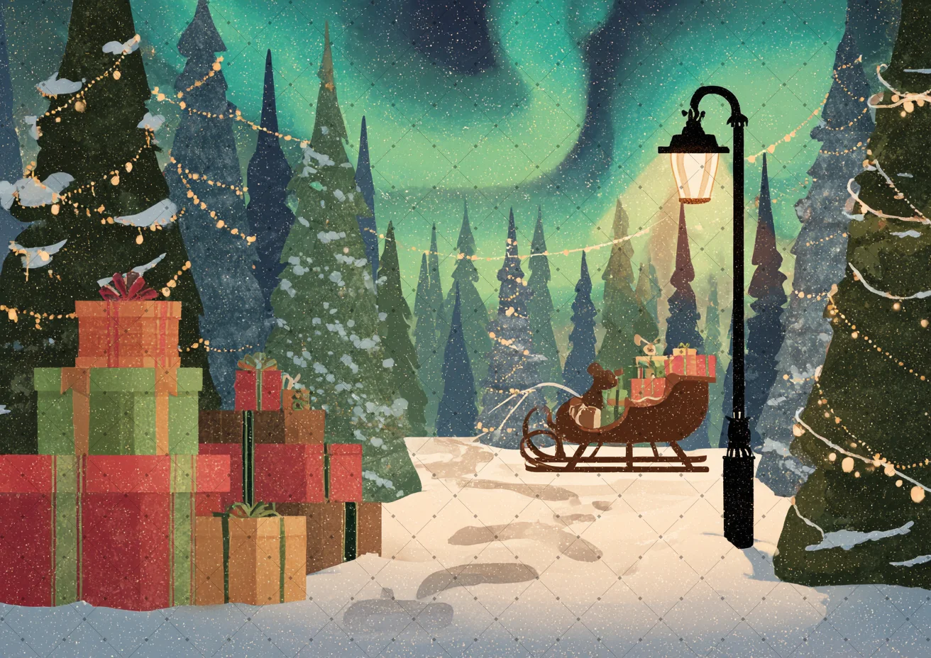 Winter Aurora Borealis Snow Pine Forest Sleigh Gift Box Photo Backdrop Cloth Xmas Newborn Portrait Studio Background Decor Prop