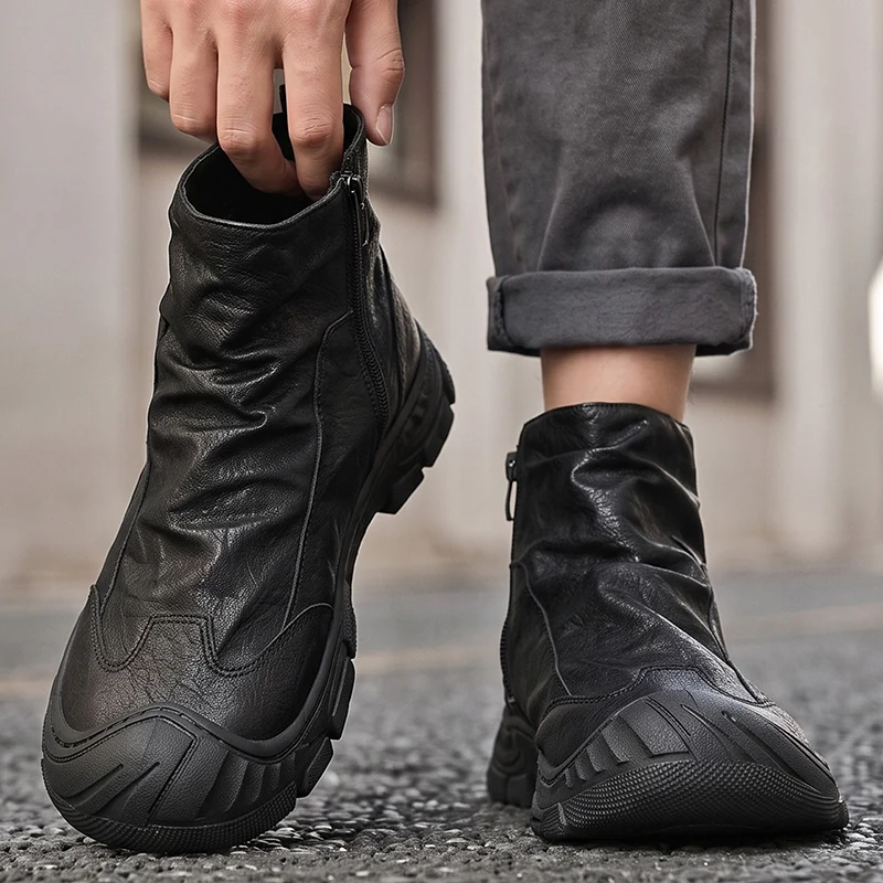 Men's Boots High Cut Shoes Autumn Winter Zipper Pleated Non-Slip Comfort Thick Soled Wear-resistant Fashion Flat Boots Men Shoes