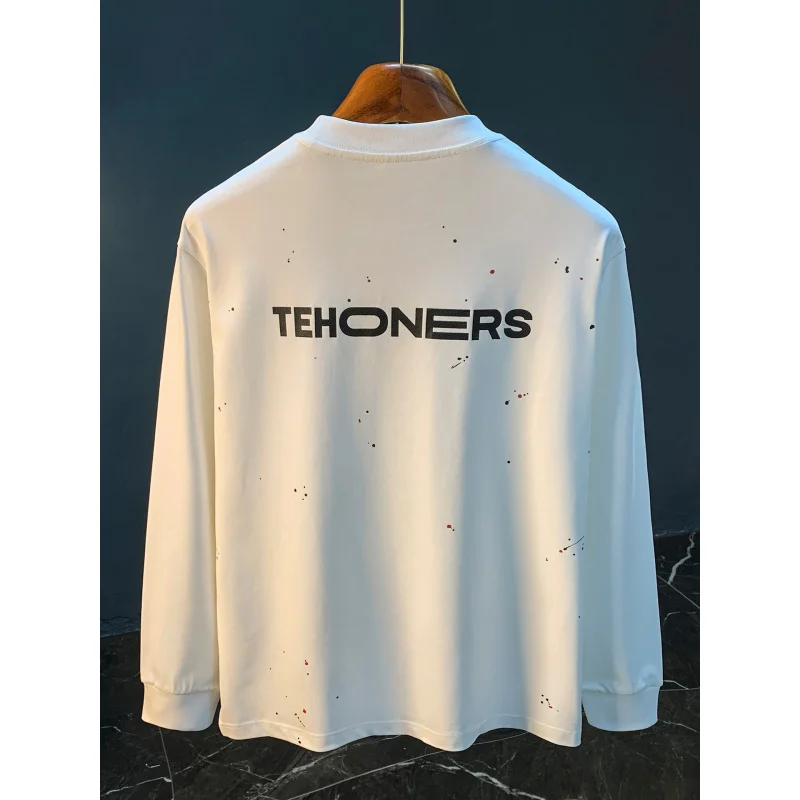

Trendy round neck loose long sleeved-shirt men in spring and autumn, new style with paint splatter print top