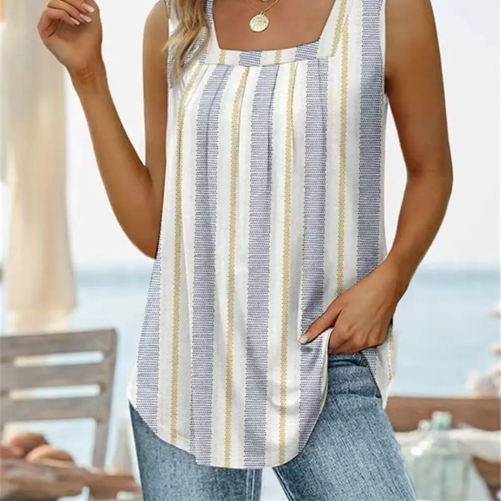 

Women's Square Collar Sleeveless T-Shirt Summer Collection European American Style Printed Vest Fashion