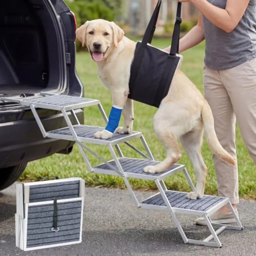 

Extra Wide Dog Steps for Car Truck SUV Foldable 4 Steps Lightweight Aluminum Dog Stairs for Injured Senior Large Dogs 20 Wide F