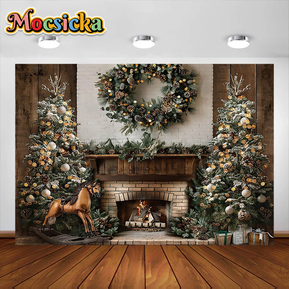 

Christmas Photography Background XMAS Tree Fireplace Toy Rocking Horse Decoration Kids Adult Photo Backdrops Studio Props Banner