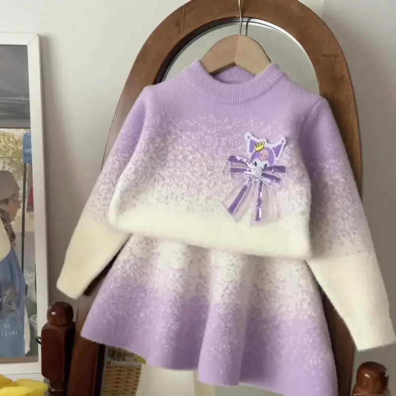 

Hot Sanrio Girl Dress Kuromi Kawaii Anime Fashion Child Autumn Round Neck Knitted Sweater Skirt Children's Set 2-Piece Set New