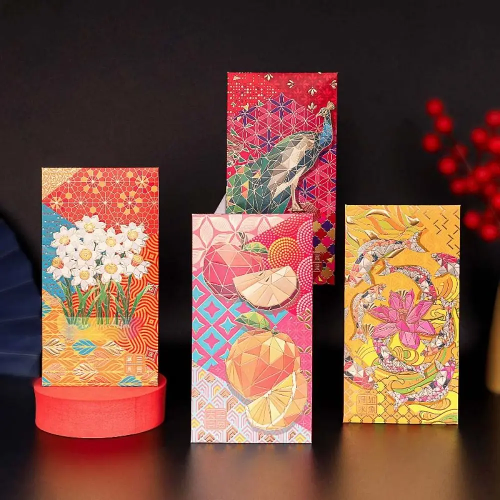 

6Pcs/set Spring Festival Supplies Red Envelope Greeting Card Chinese Dragon Year Luck Money Bag Peacock Flower Printed