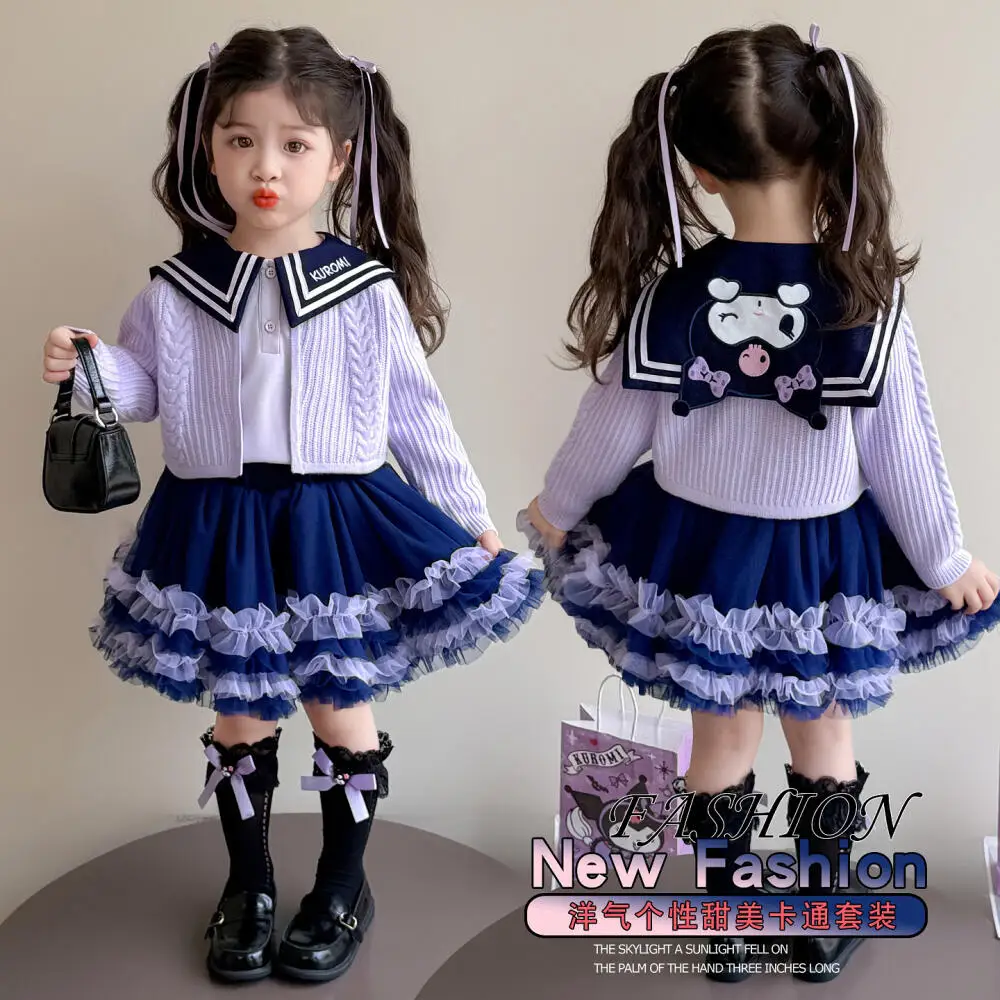 

Рубашка Sanrio Kuromi Navy Leader, детский костюм, юбка, летние платья, новые кавайные мультяшные аниме-фигурки, детская одежда, кардиган, 3 шт.