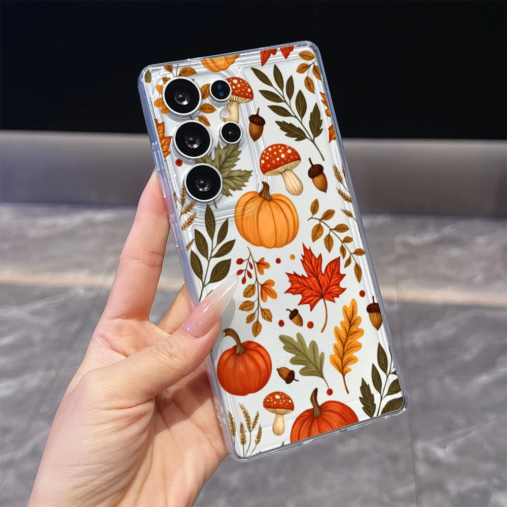 Herbstlicher Kürbis Ahorn Pilz Stoßfeste Transparente Weiche Hülle für Samsung S26 S25 S24 FE Plus A54 A57 Kratzfeste Rückenschale