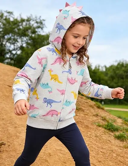 Little Hand Girls Zip‑Up Hooded Jacket All‑Over Dinosaur Unicorn Print Long‑Sleeve Winter Casual Outerwear Sweatshirt Coat 2-7t