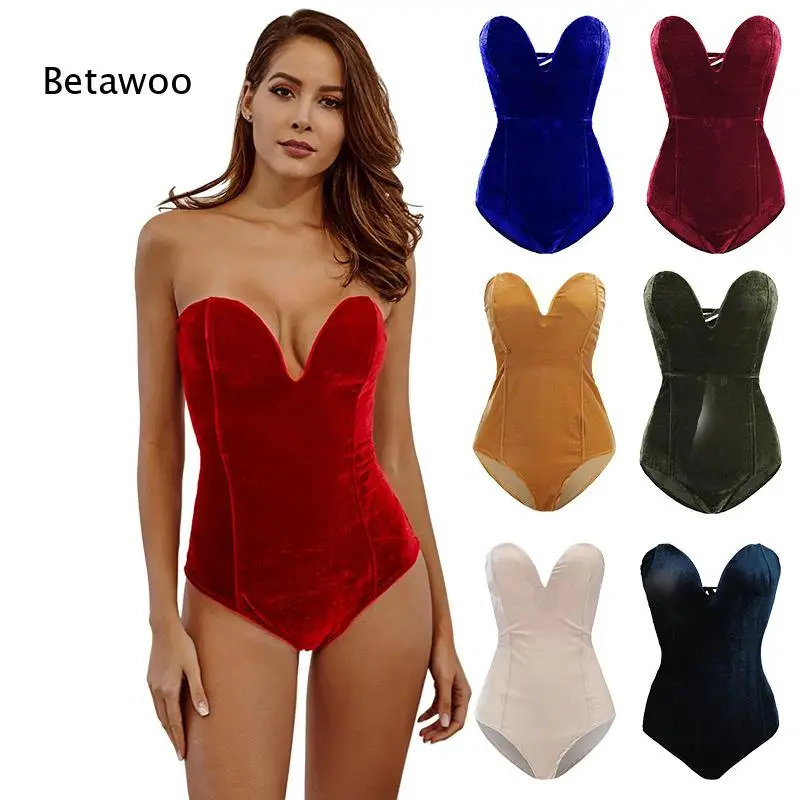 Women Vintage Velvet Strapless Bodysuit Deep V Neck Back Lace Up Design Slim Fit Shaping Body Top Club Party Night Out Shapewear