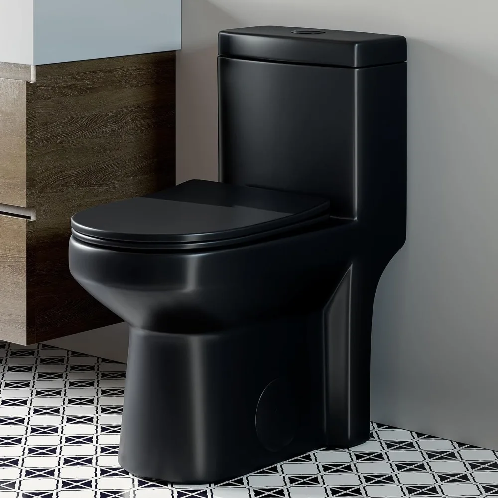 

Small Compact One Piece Toilet Matte Black, 25 Length Toilet with Soft Closing & UF Seat, 1.1/1.6 GPF Powerful