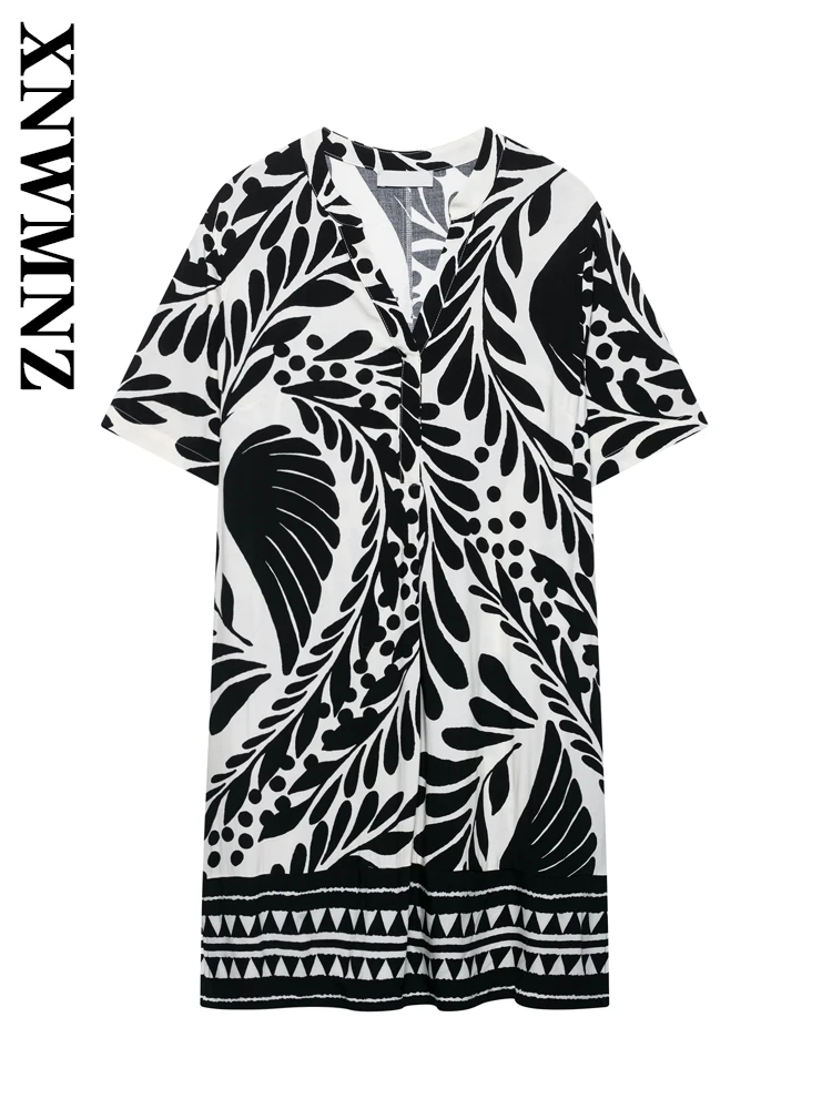 

XNWMNZ 2025 Summer New Female Fashion Short Sleeve Mini Skirt Dress Hipster Lady V-Collar Top Ruffles Regular Fit Dresses Print