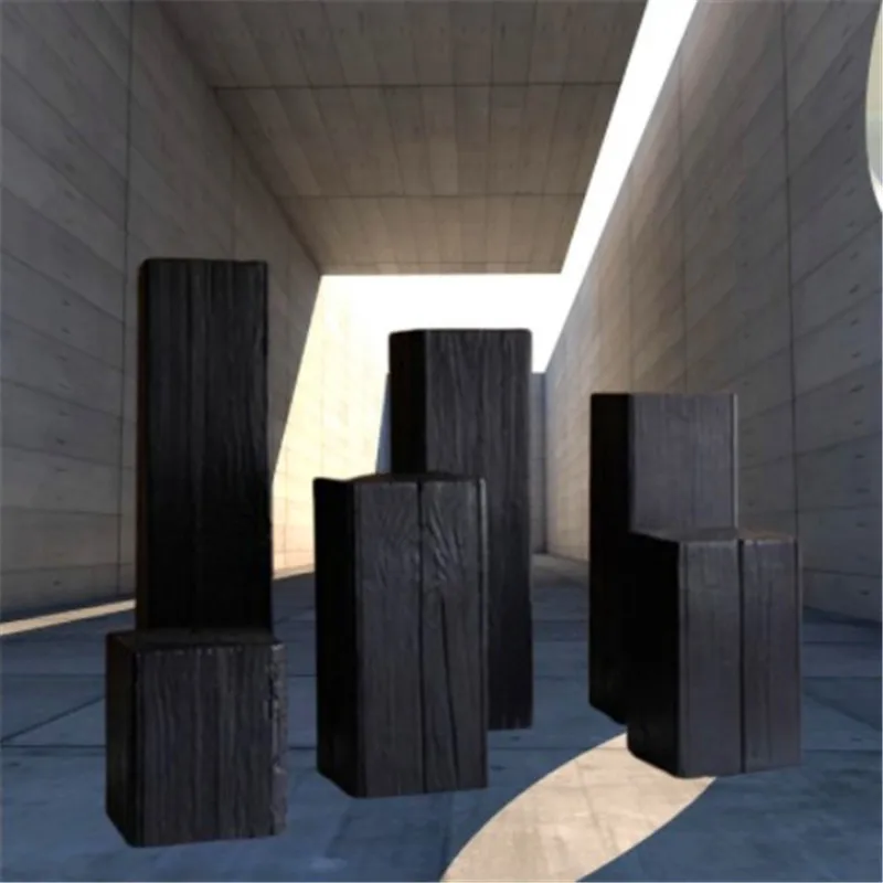 Muelle de troncos negro, adorno de muelle de madera cuadrado para alojamiento en familia, taburete bajo redondo de madera maciza para el hogar