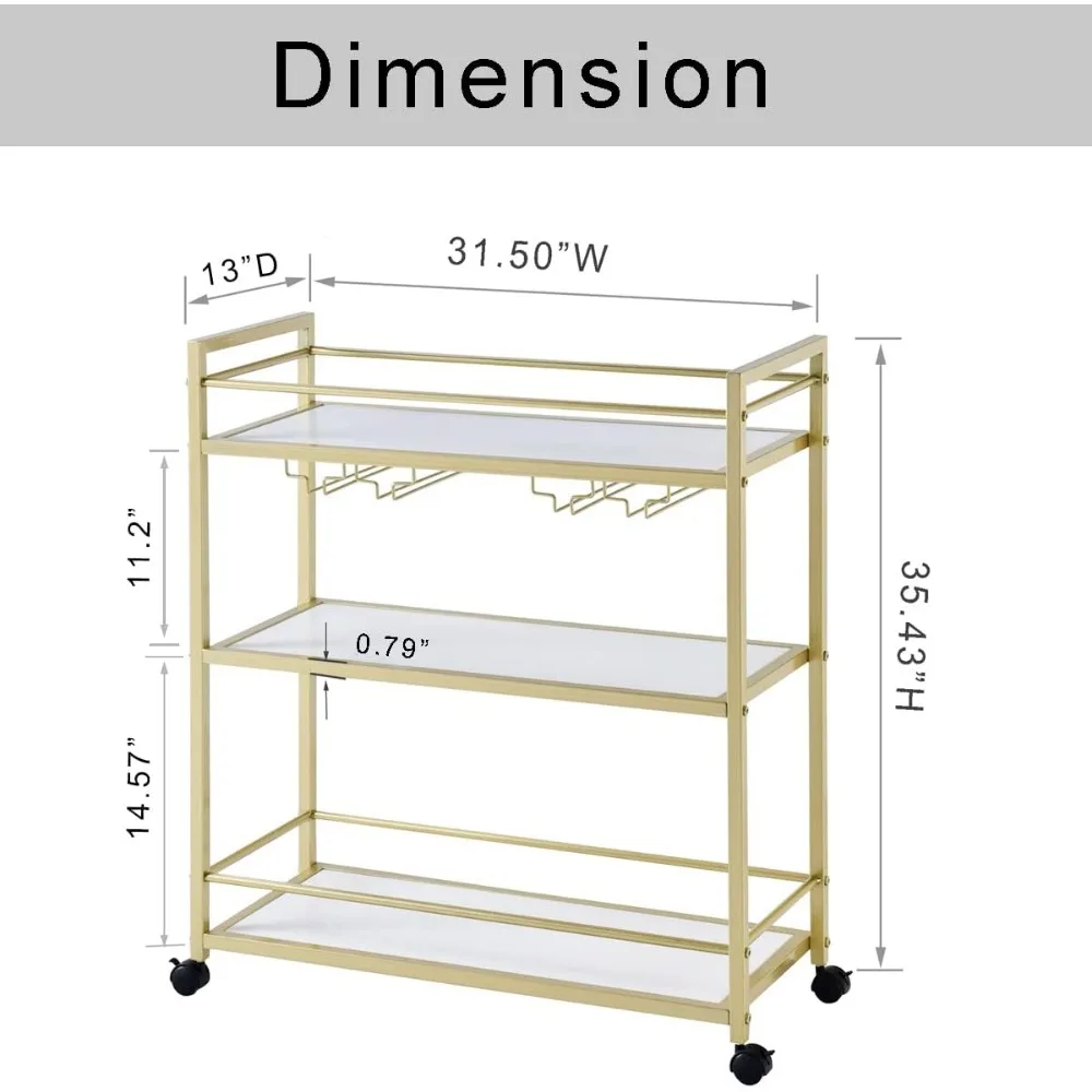 ゴールドバーカート 棚3枚付き ワイングラスボトル収納バー サービングカート キャスター付き キッチン リビングルーム用 (幅31.5インチ、ホワイト)