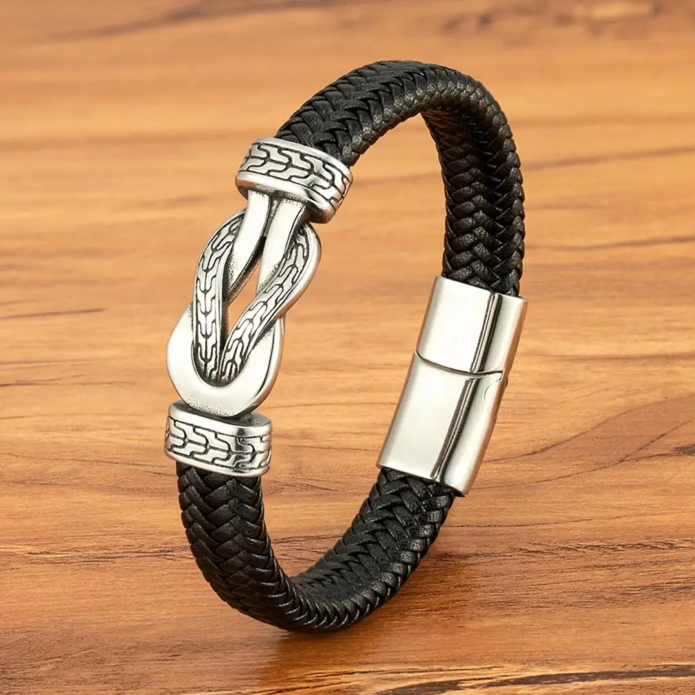 XQNI Stainless Steel Bracelets Weave Black/Brown Leahter Magnetic Buckle Rope Jewelry Accessories Bangles Gifts for Men Friend
