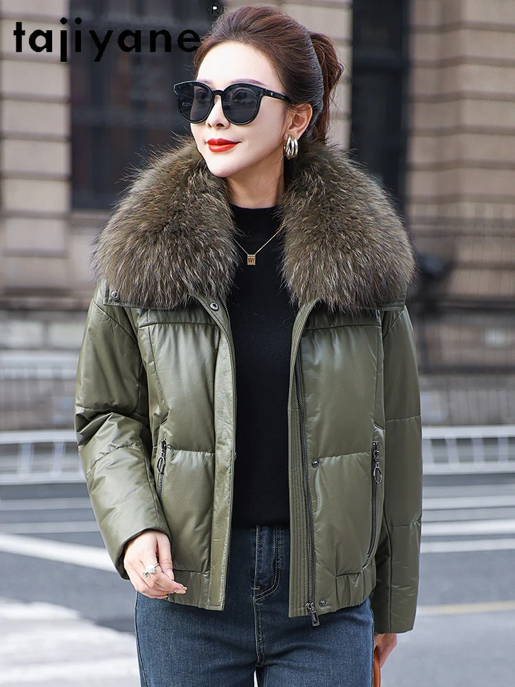 TAJIYANE 100 % genarbte Rindslederjacke für Damen, Waschbärpelzkragen, weißer Gänsedaunenmantel, kurze Pufferjacke, 2025, Damenbekleidung