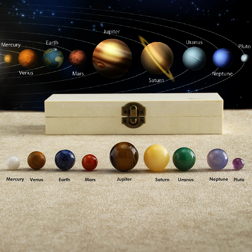 New Amethyst Natural Stone Solar System Wooden Box Nine Planets Cosmic Milky Way Planet Set Creative Jewelry Gift Decoration